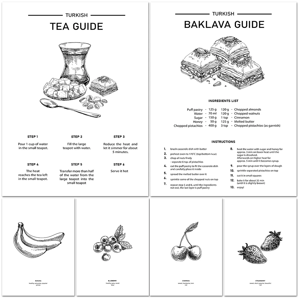 Turkish Coffee Art Print Apple Banana Mango Fruit Poster And Print Decoration Pencil Sketch Of Fruit For Kitchen Wall Painting