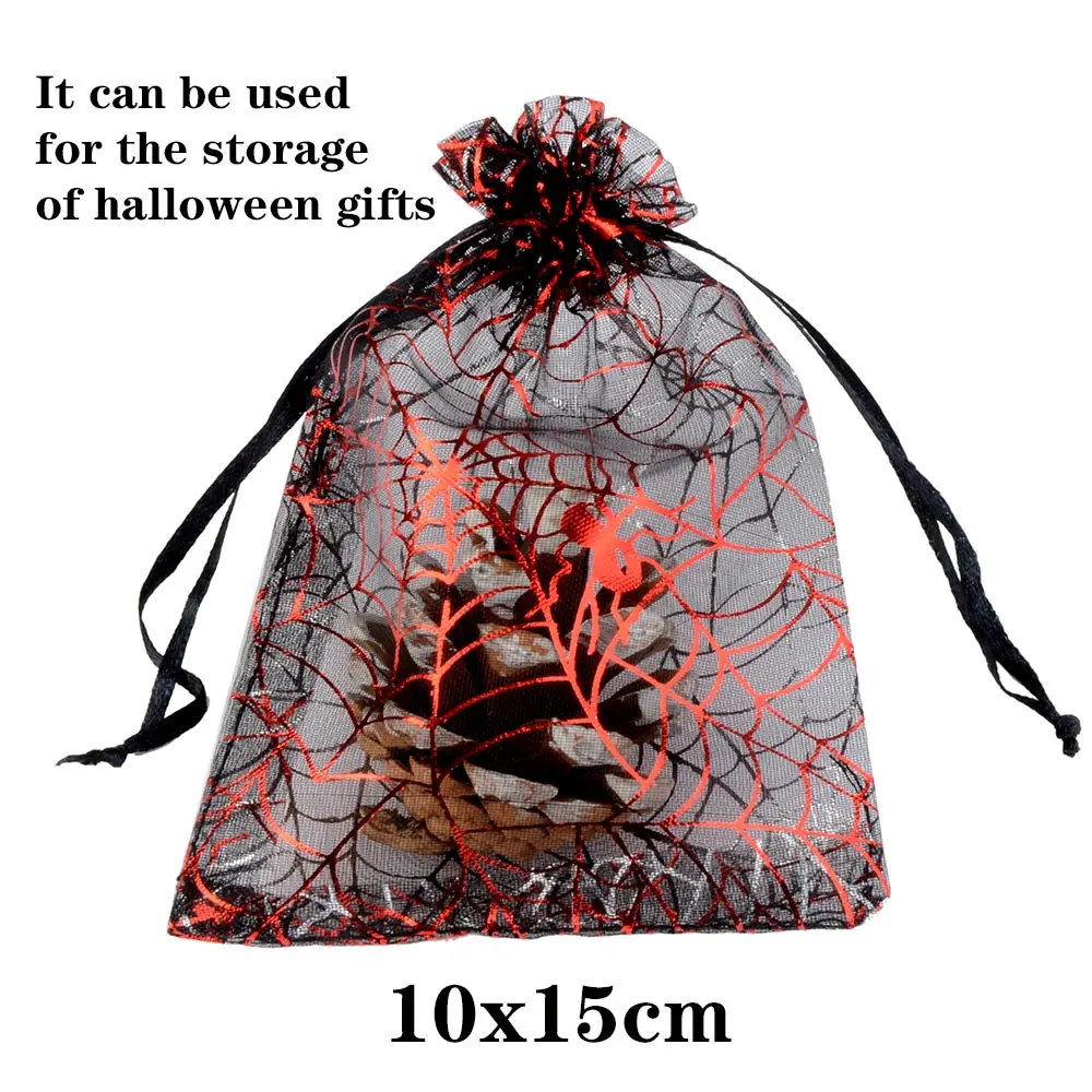 Bolsa de regalo de Organza de Halloween de 10x15cm, bolsa con cordón de tela de araña, embalaje de impresión multicolor, bolsa de dulces de alta