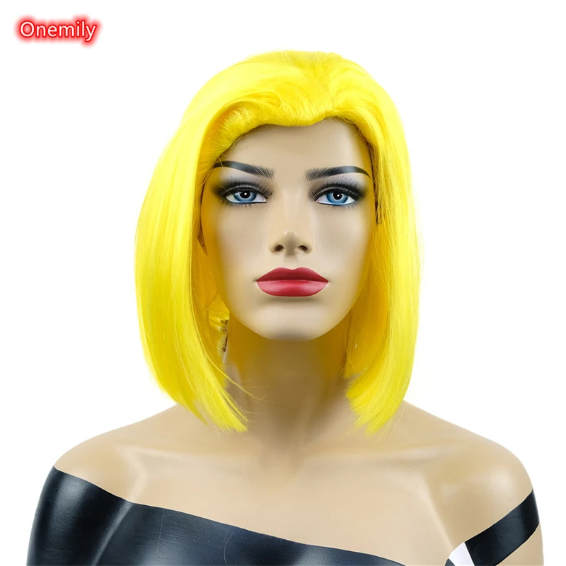 

Onemily Slicked Back Hair Yellow Short Straight Bob Cosplay Wig for Women