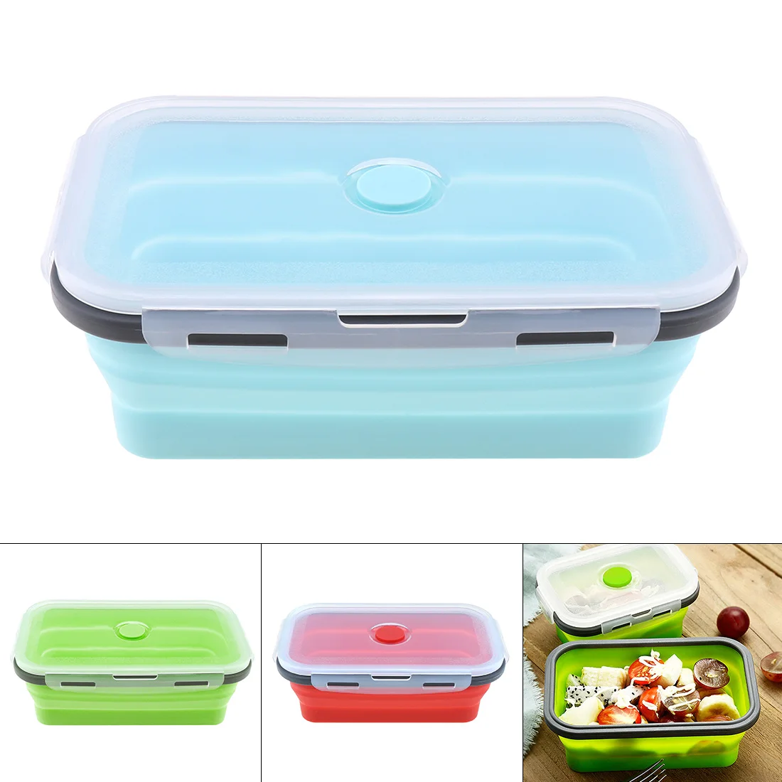 

1200ML Portable Rectangle Silicone Scalable Folding Lunchbox Bento Box with Silicone Sealing Plug for - 40~230 Centigrade