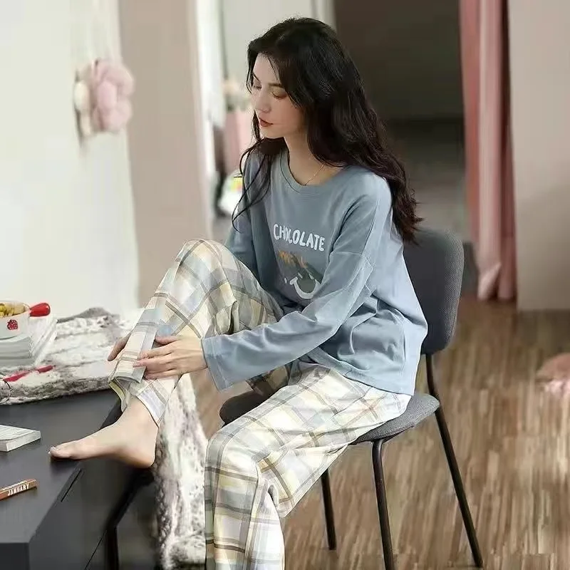 Fdfklak Pijamas De Mujer New Cartoon Cute Pajamas For Women Knit Cotton Sleepwear Spring Autumn Home Suit M-3XL Pyjamas Female