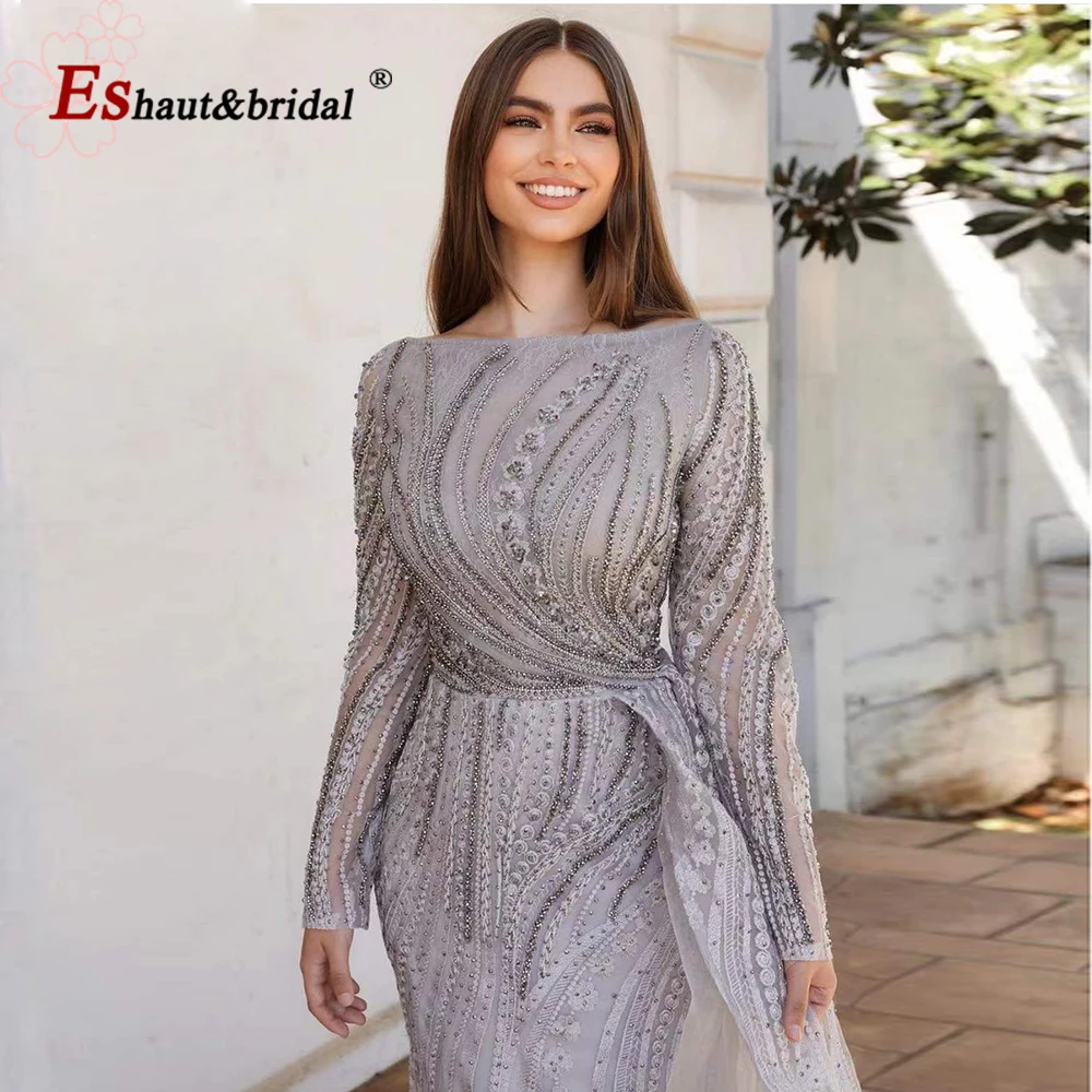 Dubai Silver Lace Evening Dresses 2024 Mermaid Boat Neck Crystal Handmade Long Sleeves Wedding Formal Prom Party Gown Customized