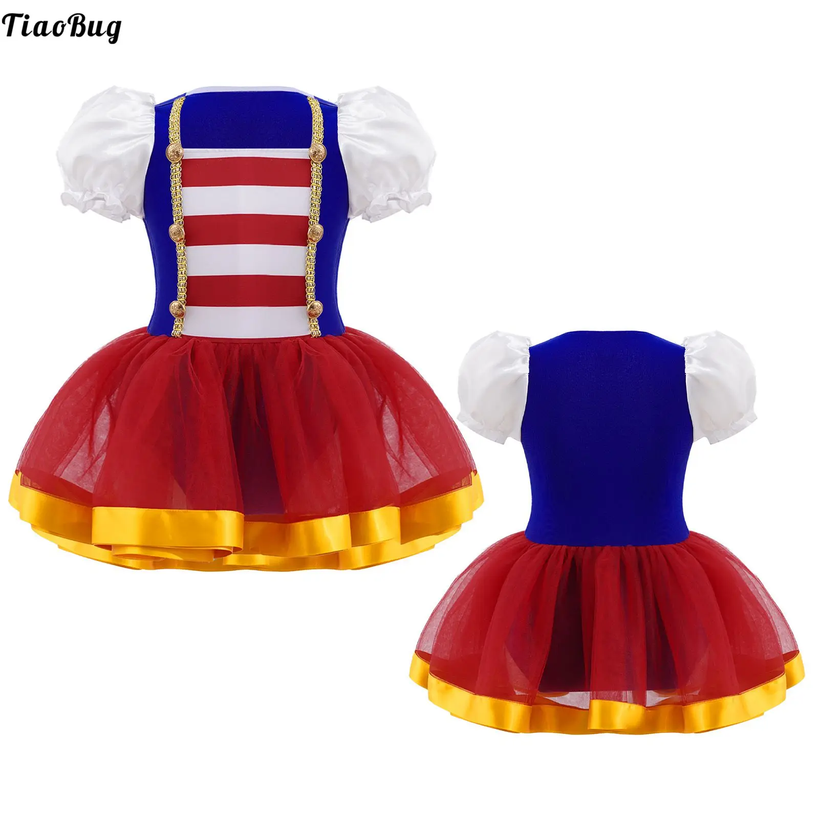 

TiaoBug Kids Girls Short Puff Sleeves Mesh Tutu Princess Dress Circus Cosplay Role Play Performance Party Halloween Costume