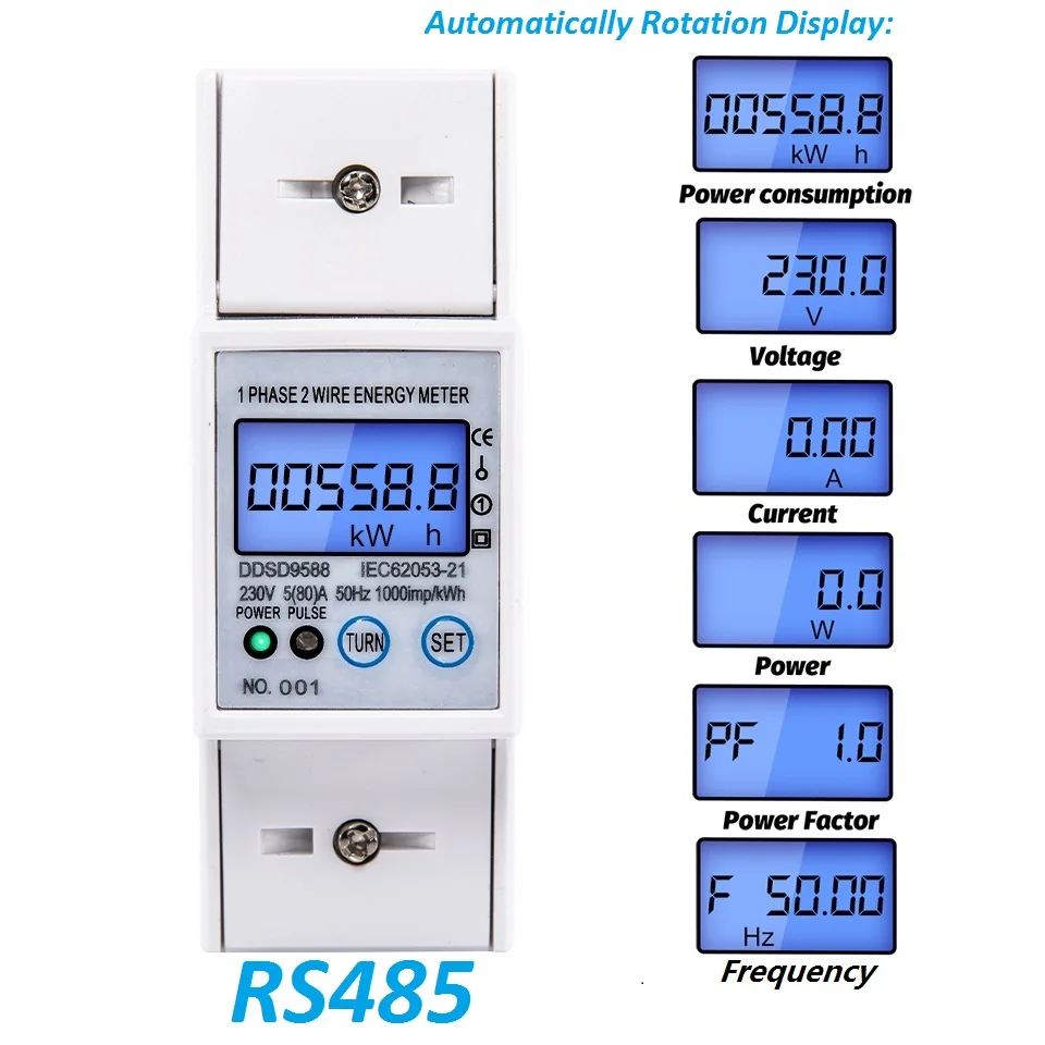 RS485 AC 230V 5-80A  Electric Energy Meter Digital Electricity kWh Consumption Meter With Voltage Current Display Modbus-Rtu