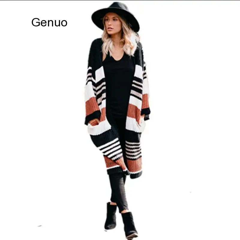 

2020 Women Sweater Cardigans Striped Color Block Draped Loose Cardigan Long Sleeve Casual Knit Sweater Coat Female