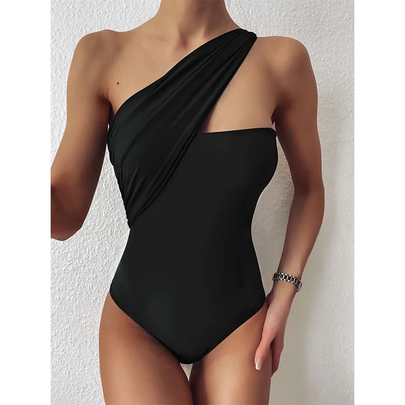 

2024 Sexy Halter One Shoulder Classic One Piece Swimsuit Solid Swimwear Women Beach Wear Summer Bathing Suit