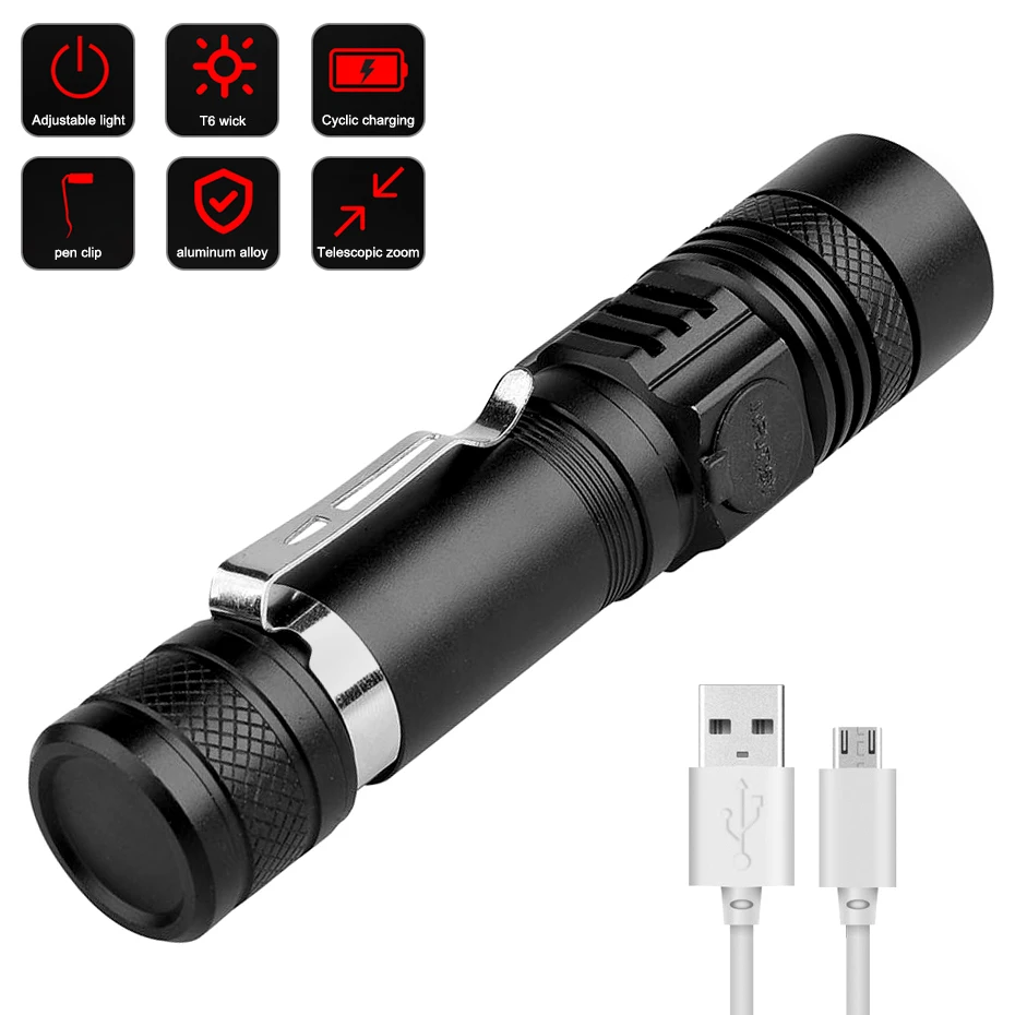 Powerful Led Flashlight USB Use Rechargeable 18650 Battery Zoom Torch T6 LED Hand Lamp Flash Light For Camping Hiking Working