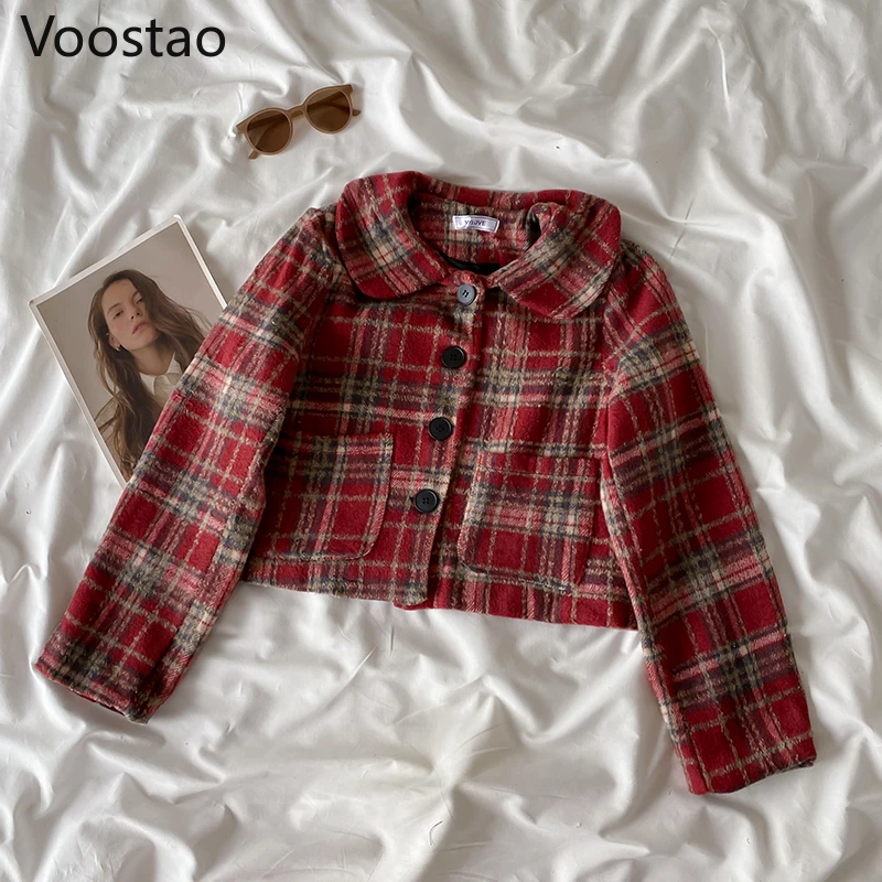 Conjuntos de saia estilo preppy feminino, jaquetas de lã xadrez, mini terno de saia plissada, chique, meninas japonesas, outono, inverno, doce,