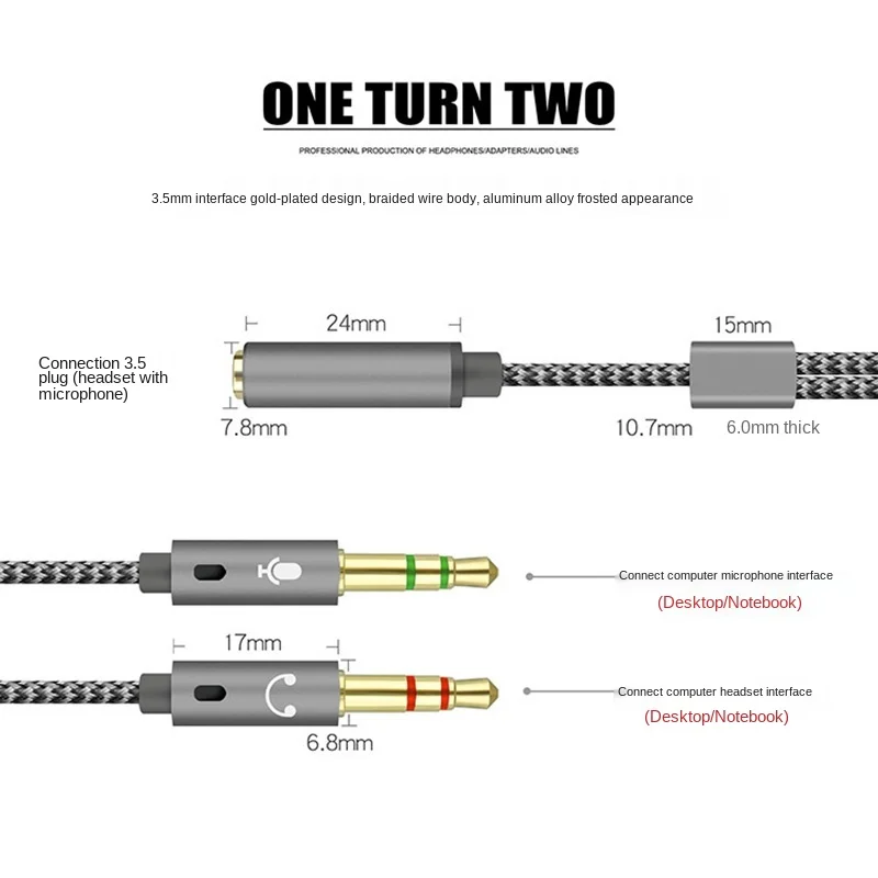 2021 Rozgałęźnik Y do komputera 3,5 mm 1 żeński do 2 męskich 3,5 mm Mikrofon Audio Y Rozgałęźnik Kabel Zestaw słuchawkowy do komputera Adapter Kabel AUX