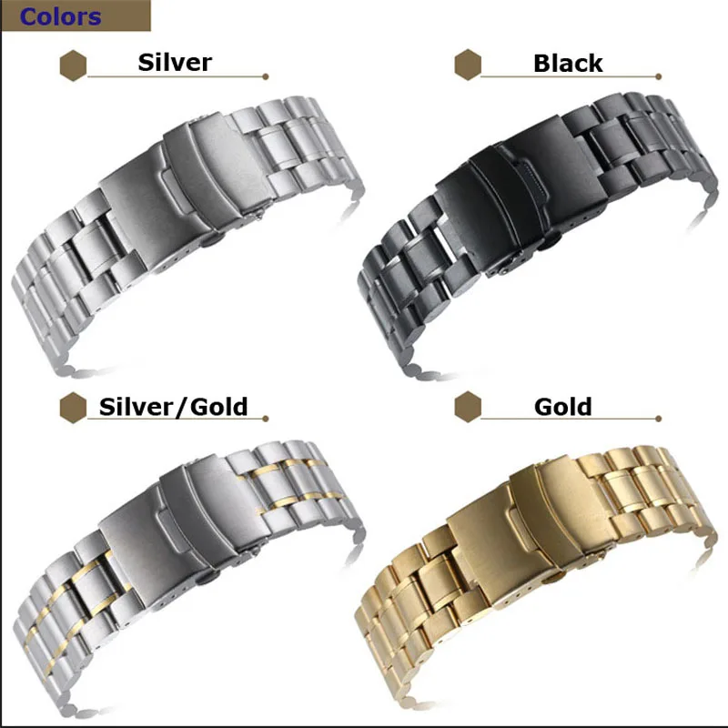 Curved End Watch Band 18mm 20mm 22mm 24mm Replacement Watch Strap Double Lock Clasp Stainless Steel Watchband with Tools
