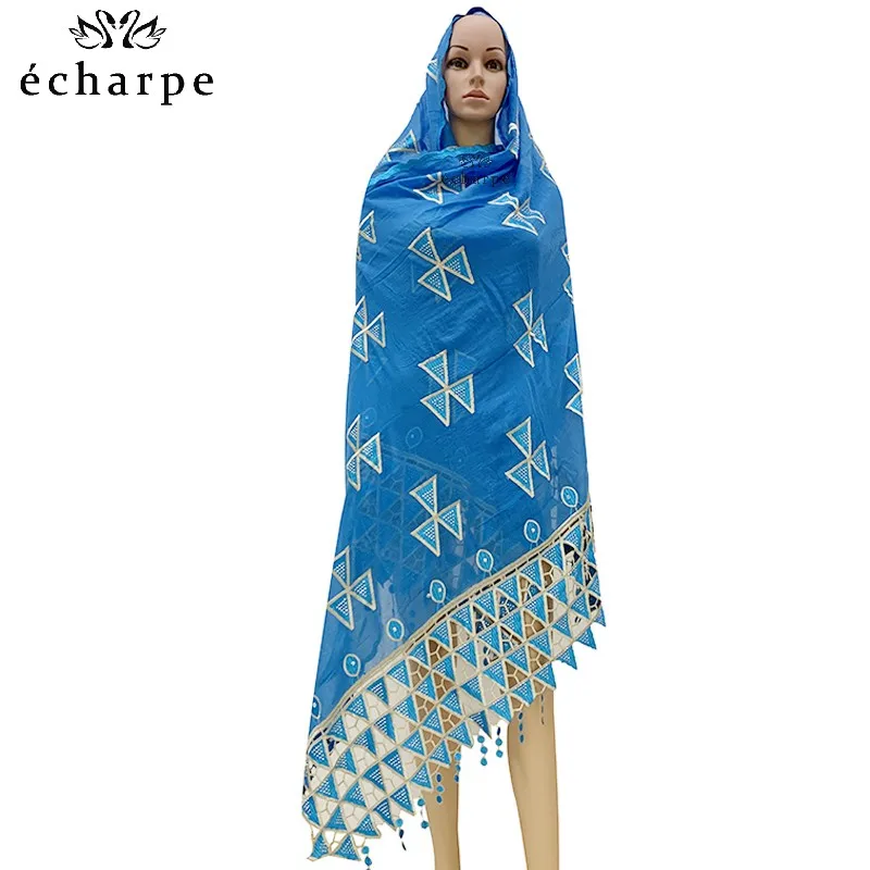 High Quality African Women Cotton Scarf  Dubai Islamic Hijab Embroider Scarf with Tassels Heavy Cotton Big Scarf TH15