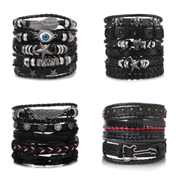 DAXI Punk Multilayer Leather Bracelet Set Eye Wings Star Charms Beads Bracelets For Man Party Gothic Jewelry Punk Wrap Wristband