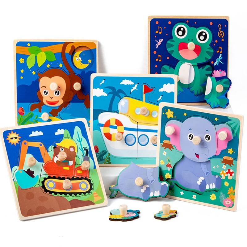 Kids Montessori Wooden Puzzle Hand Grab Board Toys for Children Cartoon Animal Wood Jigsaw Baby Early Educational Cognition Toy