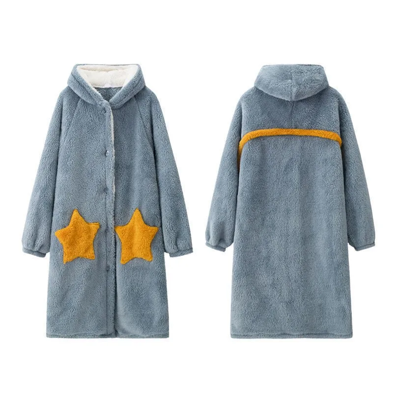 Women Thick Coral Fleece Robe Sleepwear Cute Hooded Nightgown Nightwear Winter Warm Flannel Nightdress With Pocket Long Bathrobe