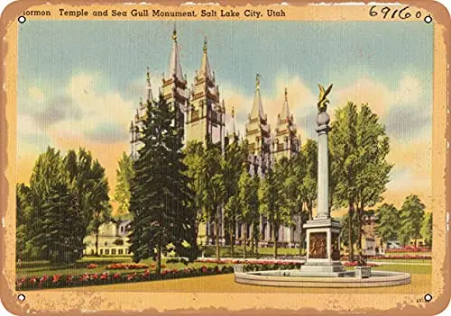 Metal Sign - Utah Postcard - Mormon Temple and Sea Gull Monument, Salt Lake City, Utah - Vintage Rusty Look Wall Decor for Cafe