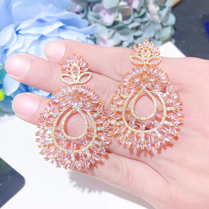 CWWZircons Shiny Light Pink Big Long Drop Engagement Wedding Earring for Women Fashion Brand Brazilian Gold Plated Jewelry CZ646