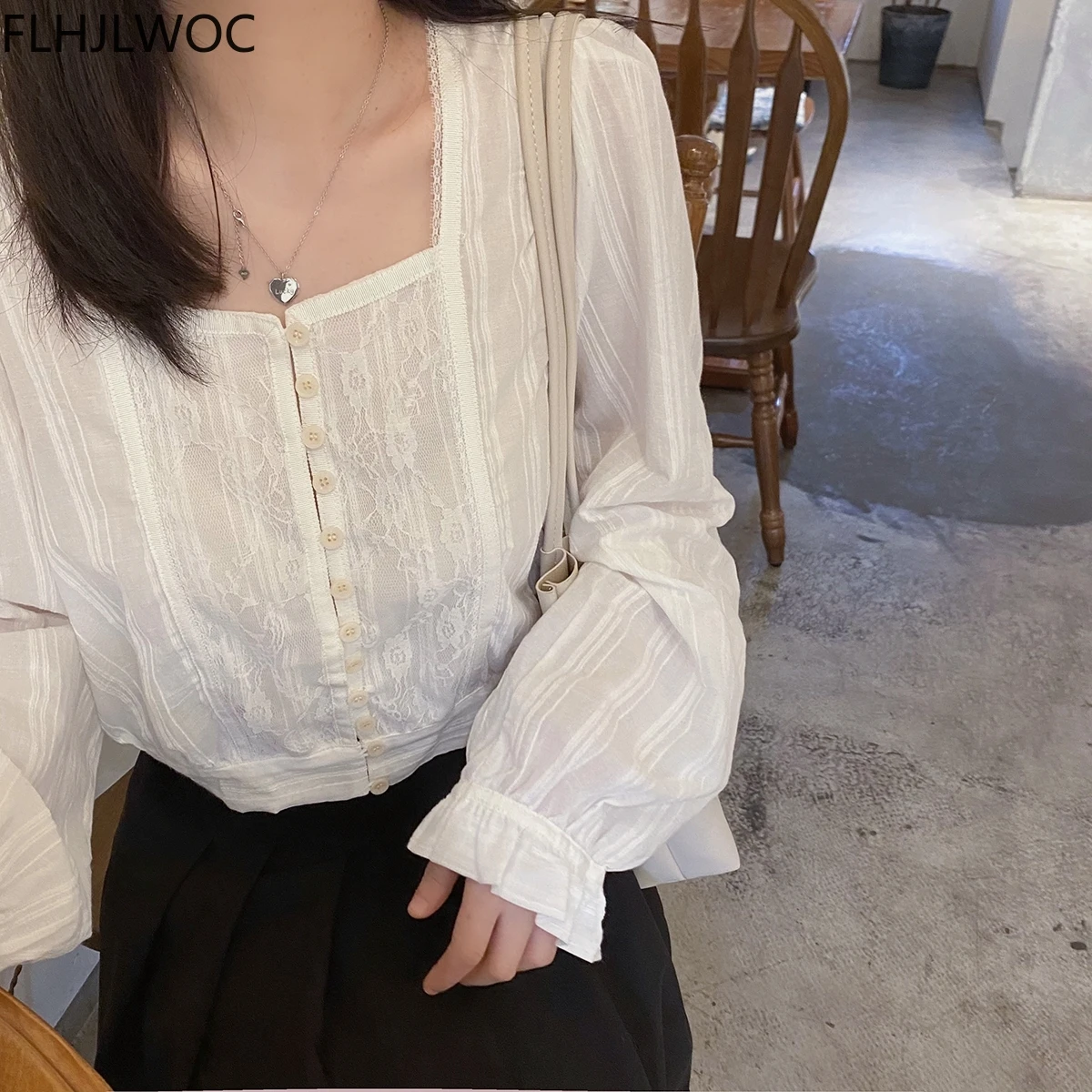 Cute Square Collar Fairy Lace Short Crop Tops Blusas Women\'s Single Breasted Korean Clothing Preppy Lolita Shirt Blouse Flhjlwoc