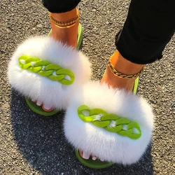 Slides Women Designer Sandals Faux Fluffy Flip Flops Candy Color Chain Fur Slippers Summer Casual Shoes Plush Indoor Slippers