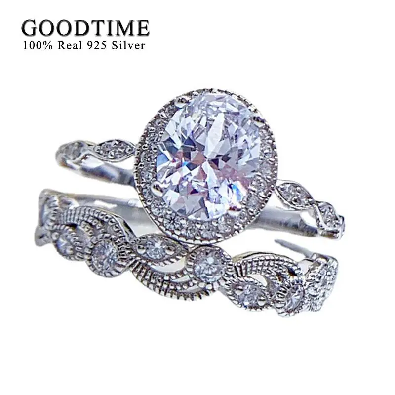 Luxury Pure 100%  925 Sterling Silver Women Ring Set Rhinestone AAAAA Zircon Fine Jewelry Accessories Fashion Wedding Bridal Set