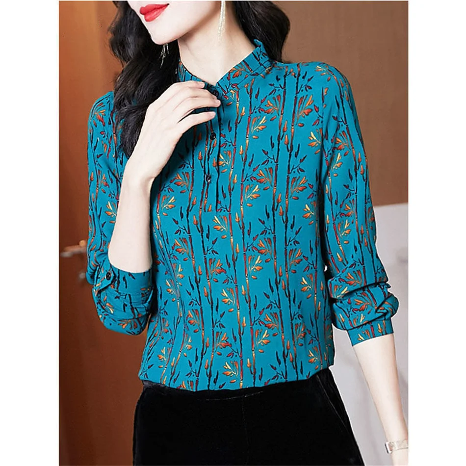 

Floral Shirts Women Fashion Temperament Print Blouses Spring Autumn Long Sleeve Stand Collar Blusas DD6645