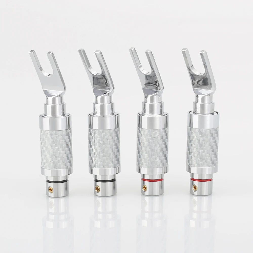 

4Pcs Hi-End Rhodium Carbon Fiber Spade Plug Speaker Cable Copper Connector HiFi
