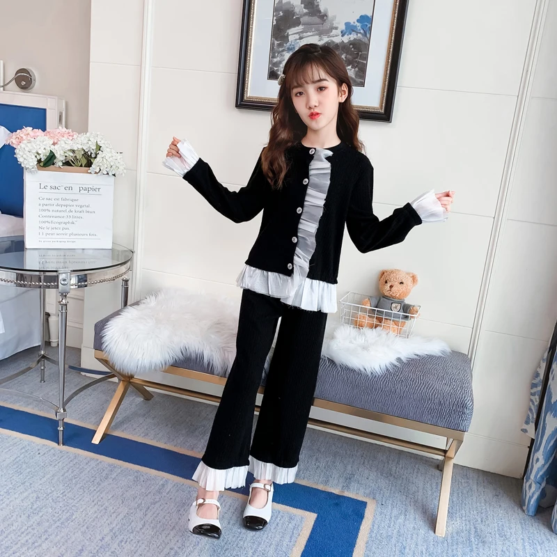 

Kids Children's Girls Suit Autumn Winter Elegant Kids Ruffled Patchwork Wide-leg Pants Black 2PCS Sets For 4-14 Years Teens Girl