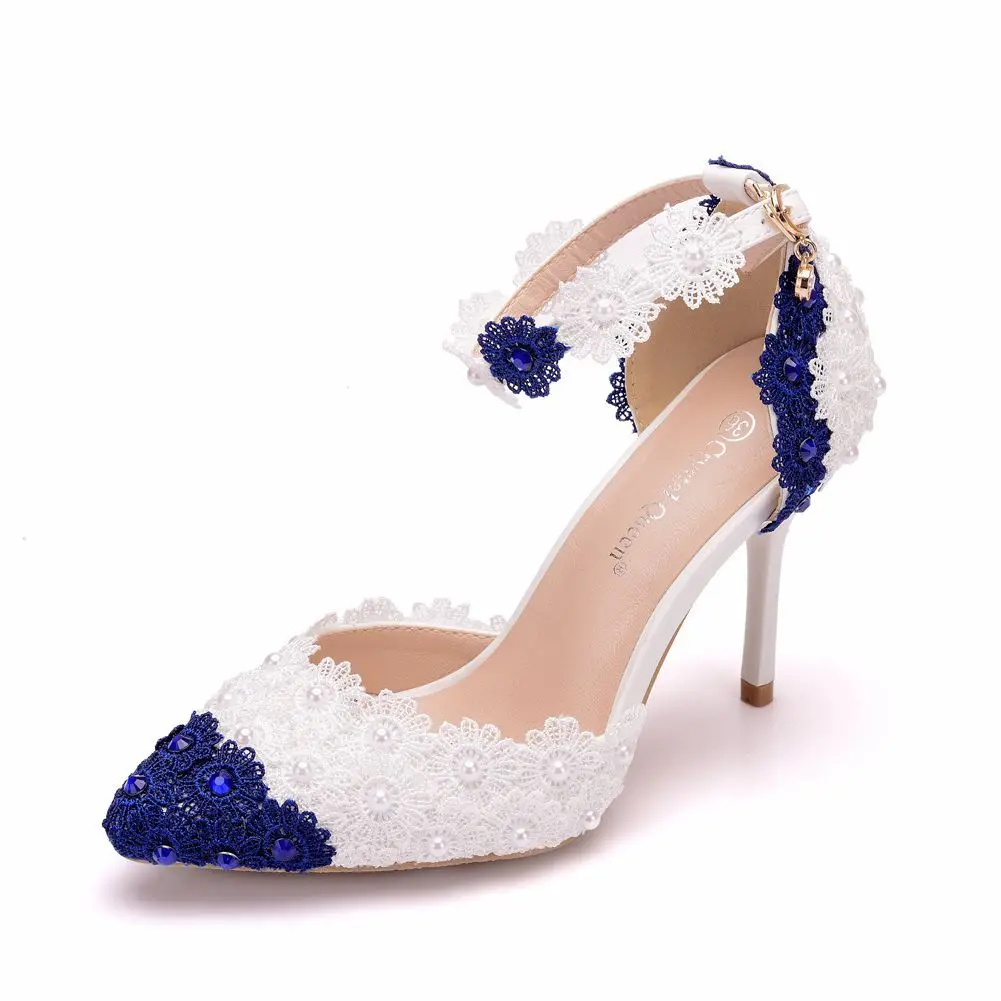 

Sexy Women Thin Heel Sandals Pointed Toe High Heels White Blue Lace Wedding Shoes Pointed Toe Lace Flower Pearls Pumps Large siz