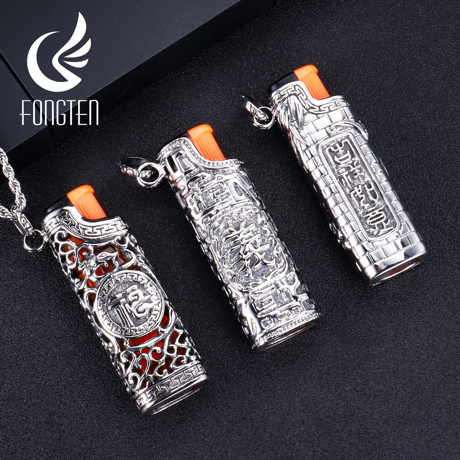 

Fongten Cigarette Lighter Pendant Hollow Charm Necklace Stainless Steel Cubic Retro Pendants Necklaces Men Jewelry