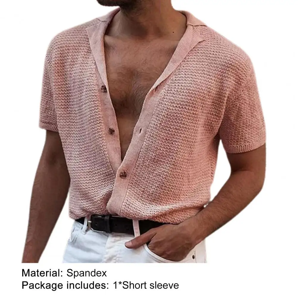 Hot！！！Men T-shirt Solid Color Knitted Summer Top For Men Streetwear 2022 Casual Shirts Lapel Buttons Cardigan for Dating