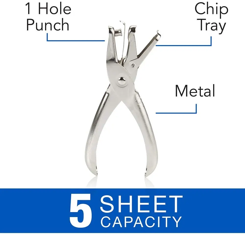 1 Hole Punch, Single Hole Puncher, 5 Sheet Capacity, Classic Office Paper Punch , Perfect For Home Office School Supplies，Chrome