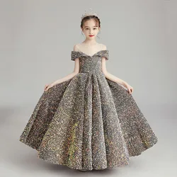 Teen Girl Children Shiny Long Dress Birthday Luxury Party Evening Sequin Dresses Kids Prom Wedding Ball Gown Fashion 5 7 12 Year