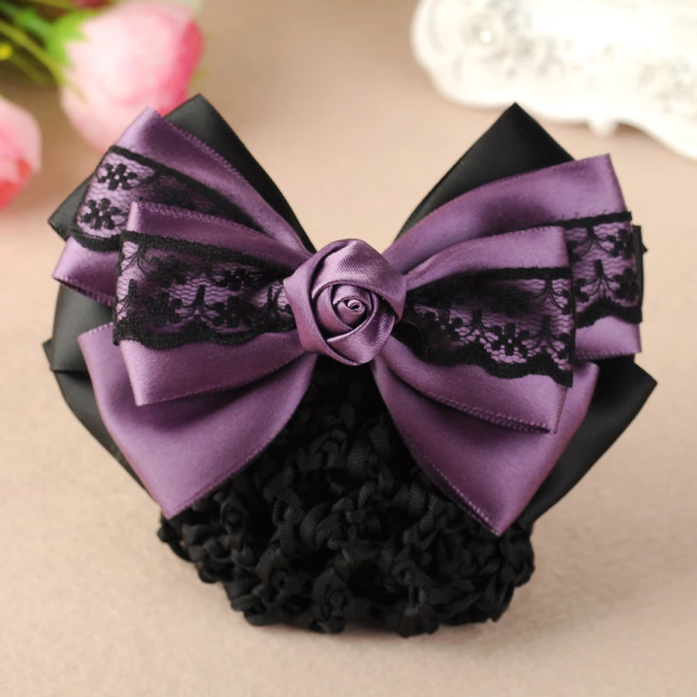 Lace Satin Bow Hair Net Barrette Bank Staff Flight Attendant Nurses Satin Hair Clips Net Snood Women Hair Accessories Hairgrip