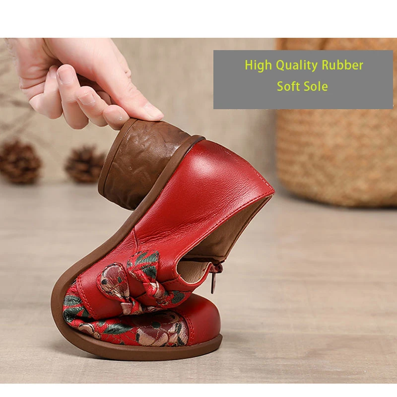 Retro Flower Print Boho Shoes On Heels Red Woman Pumps Genuine Leather Women\'s Medium Heels Designer Ladies Pumps Women Shoes