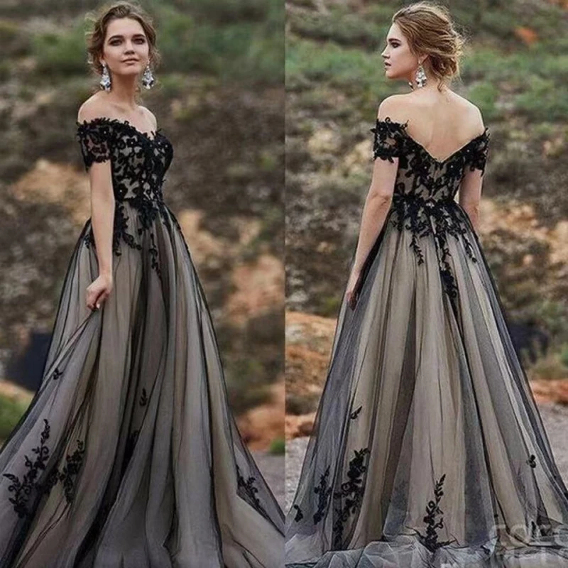 9678 #   รูปภาพจริง Gothic Black Off ไหล่ Appliques ลูกไม้ A-Line ชุดแต่งงาน Tulle ที่กําหนดเองต่ํากลับชุดเจ้าสาวสําหรับผู้หญิง