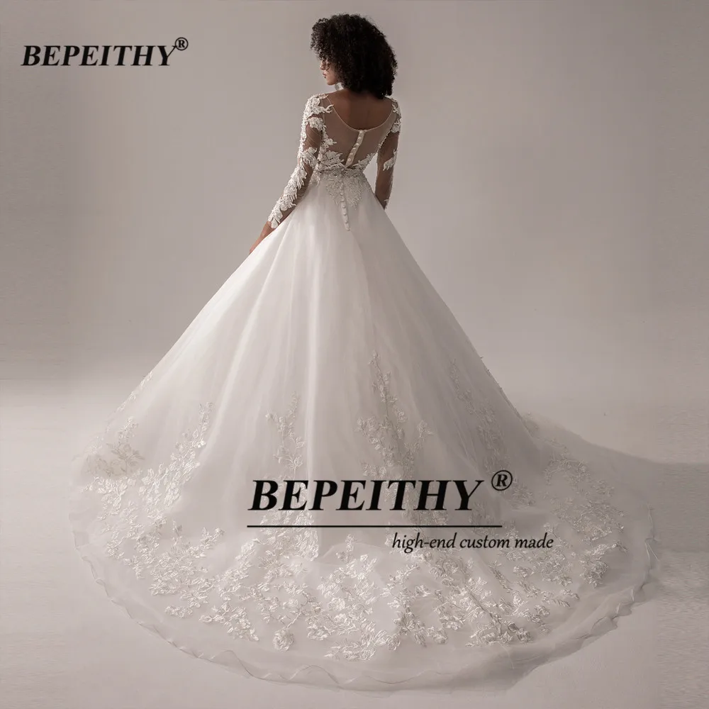 BEPEITHY Customized Lace Wedding Dress 2022 Ball Gown Bridal Scoop Glitter Princess Long Sleeves Wedding Dresses For Bride New