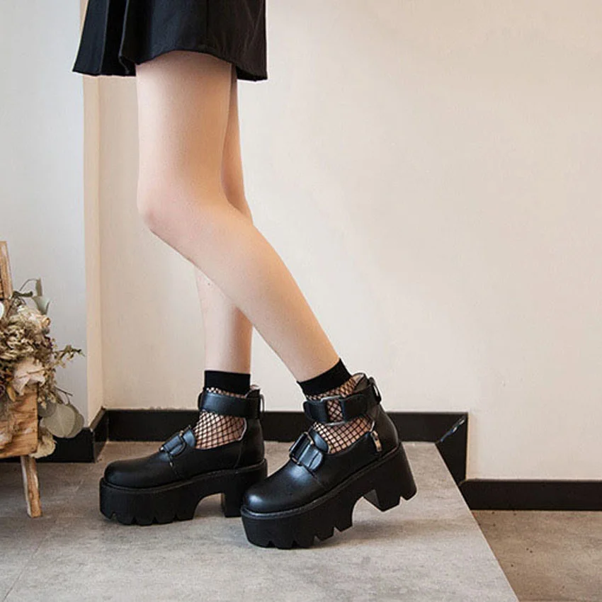 Lolita Gothic Ronde Hoofd Mary Jane Schoenen Japanse College Meisje Jk Uniform Pu Leatehr Platform Riem Waterdichte Zwarte Schoenen