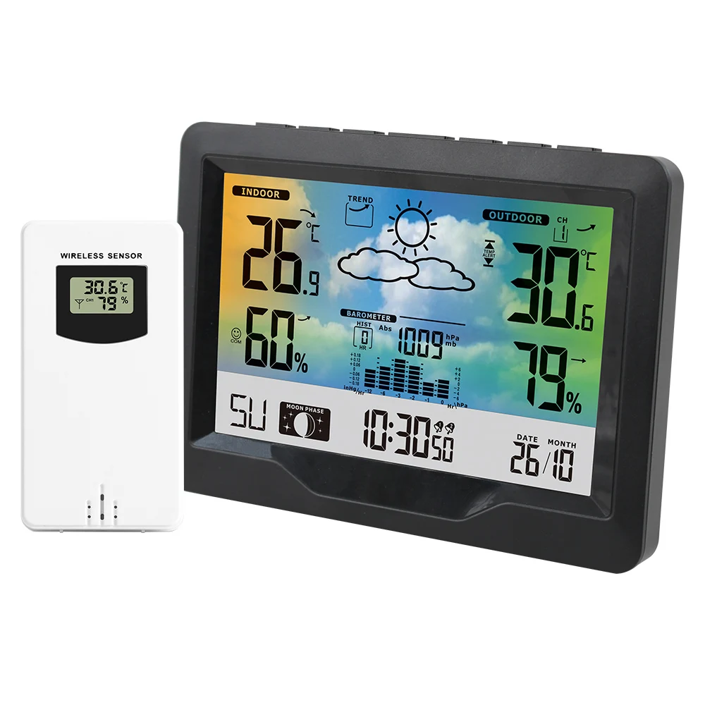 

FanJu Weather Station with Wireless sensor Digital Alarm Clock Thermometer Hygrometer Barometer Moon Phase Snooze Function 3383