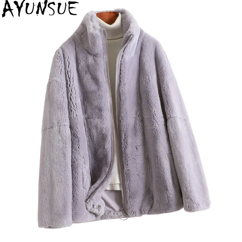 AYUNSUE – manteau en vraie fourrure de lapin Rex pour femme, court, décontracté, chaud et épais, hiver 2021, Gxy525