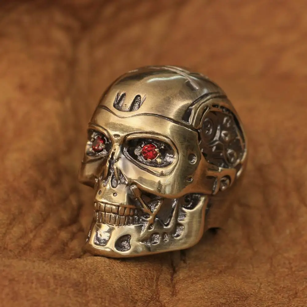 LINSION Handmade Brass Red CZ Eyes Terminator Mens Punk Robot Ring BR80 US Size 7~14