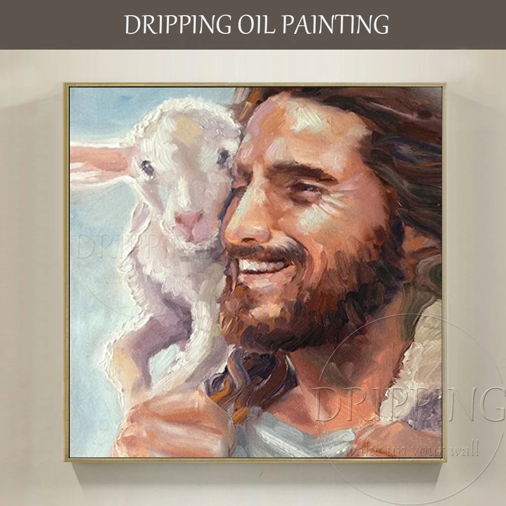 

Excellent Artist Hand-painted High Quality Jesus and Sheep Oil Painting on Canvas The Sheep and God Jesus Portrait Oil Painting