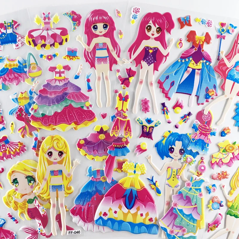 4 Sheets/Set Dress Up Girl Pattern Cartoon Stickers Kids Notebook 3D Puffy Bubble Sticker Label for Girls Gift