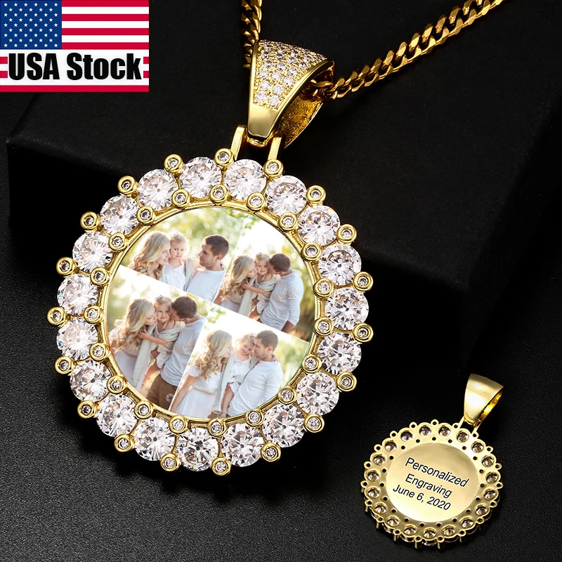 

Round Memory Medallions Bling Zirconia Iced Out Pendant Custom Photo Necklace Mens Hip Hop Jewelry PersonaliZed Engraved Name