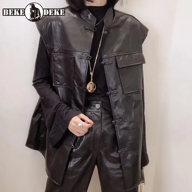 Vintage Women Loose Fit Sheepskin Real Leather Vest Punk Stand Collar Sleeveless Genuine Leather Jacket Casual Waistcoat Tops