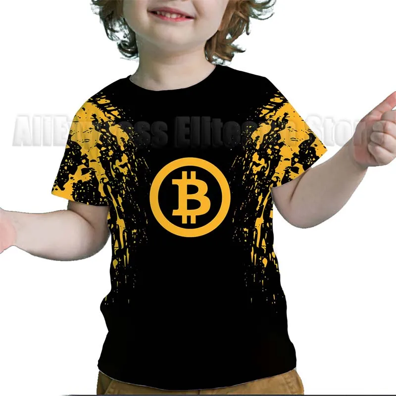 Dzieci Bitcoin 3D drukuj koszulki maluch Cartoon Anime T Shirt letnie dzieci koszulki z krótkim rękawem dla dzieci chłopcy dziewczęta topy Tee prezent