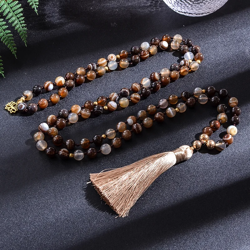 8mm Coffee Agate Knotted Japamala Necklace Bracelet Sets 108 Mala Beaded Meditation Yoga Women's Jewelry Lotus Pendant