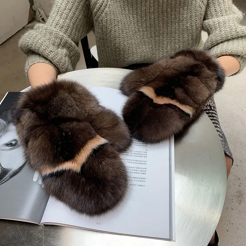 Luxury Real Sable Fur Gloves for Women, Genuine Mink Fur Mittens, Wrist Warmer, Fluffy Mittens, Winter Warm, H2865