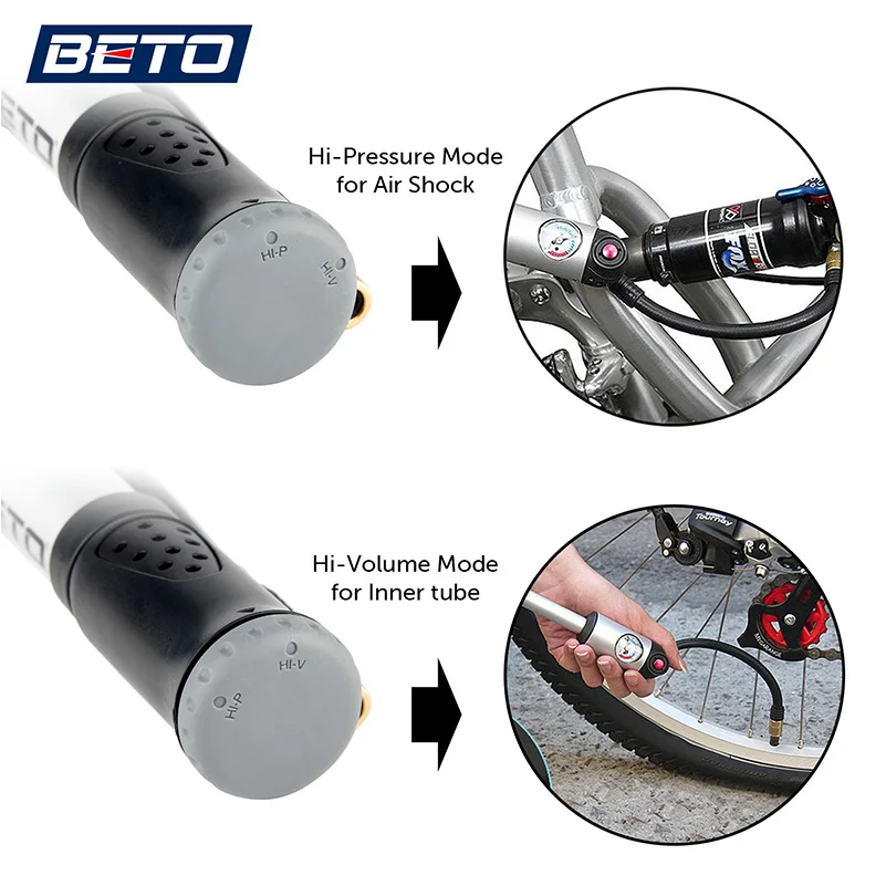 BETO MP-036 Bicycle Pump 2 in 1 Shock & Tire Mini Bike Pump with Gauge for Fork & Rear Suspension MTB Inflator Schrader & Presta