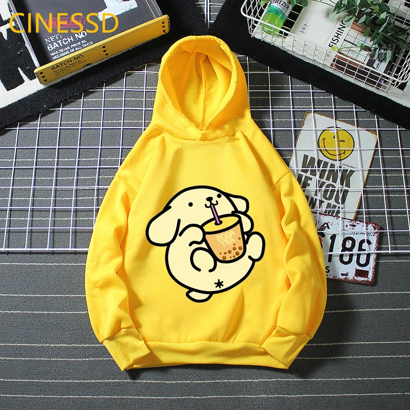 Funny Pompompurin Love Boba Animal Print Hoodie Baby Boys Clothes Winter Girls Top Yellow Unisex Kids Teens Cute Sweatshirt