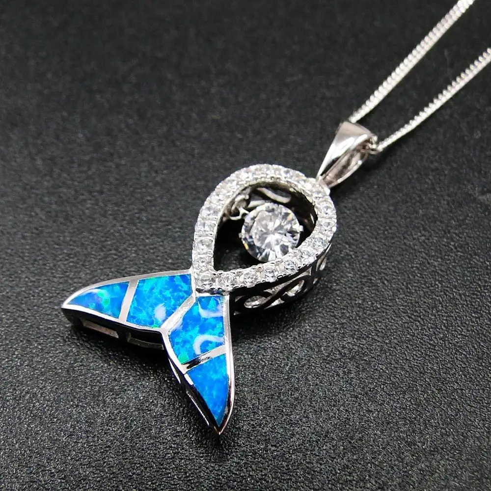 Hot Selling 925 Sterling Silver Dancing Diamond & Blue Fire Opal Dancing CZ Fish Pendant Necklace For Gift