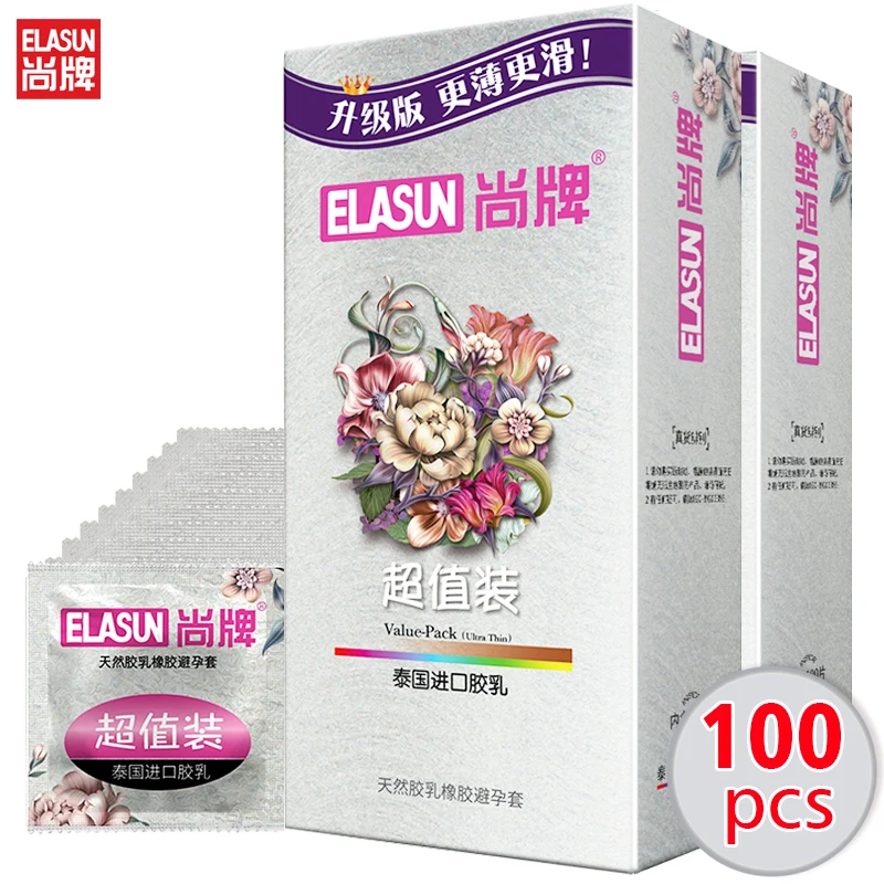 100 pcs/pack ELASUN Ultra Thin Penis Condoms for men/Her Contraception Device Large lubrication Oil Natural latex Rubber Condom